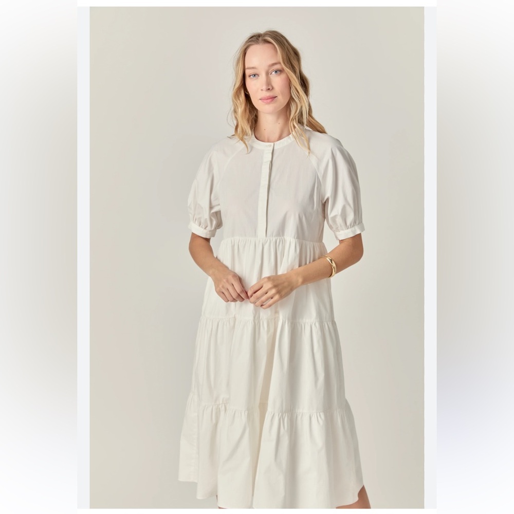 Relaxed Cream Tiered Puff Sleeve Midi Dress